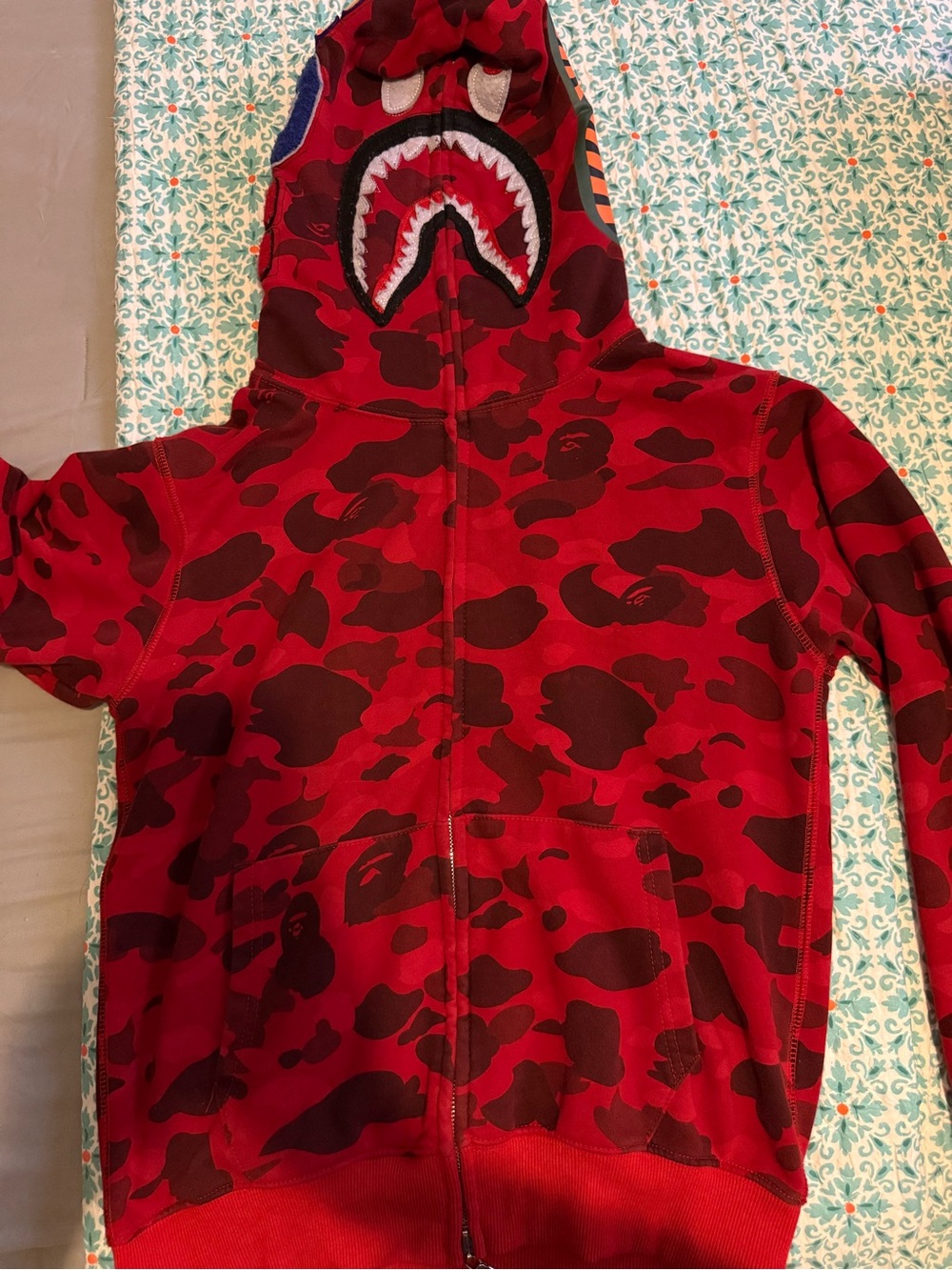 Kids Red Camo Zip-Up Hoodie with Shark Face Hood